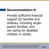 Recommendation 8:  Provide sufficient financial support for families and whānau, including single- parent families, who are caring for disabled children or adults.  A Monitoring Report on Housing Experiences of People with Complex disabilities in Aotearoa New Zealand from Family, Whānau and Close Supporter Perspective 22/23
