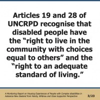 Articles 19 and 28 of UNCRPD recognise that disabled people have the “right to live in the community with choices equal to others” and the “right to an adequate standard of living.”  A Monitoring Report on Housing Experiences of People with Complex disabilities in Aotearoa New Zealand from Family, Whānau and Close Supporter Perspective 3/23 