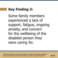 Key Finding 3:  Some family members experienced a lack of support, fatigue, ongoing anxiety, and concern  for the wellbeing of the disabled person they were caring for.  A Monitoring Report on Housing Experiences of People with Complex disabilities in Aotearoa New Zealand from Family, Whānau and Close Supporter Perspective 6/23